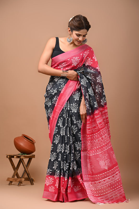 Hand Block Printed Linen Saree With Unstitched Blouse (SWSRLIL42)