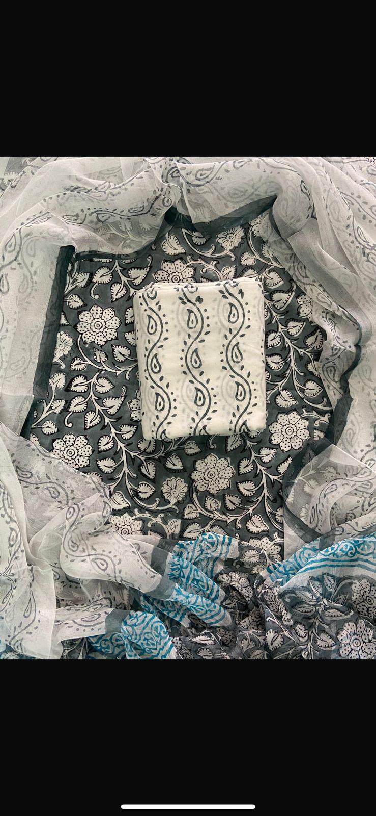 New Premium Hand Block Print Cotton Suit Set with Chiffon Dupatta(WACFCOTMU50)