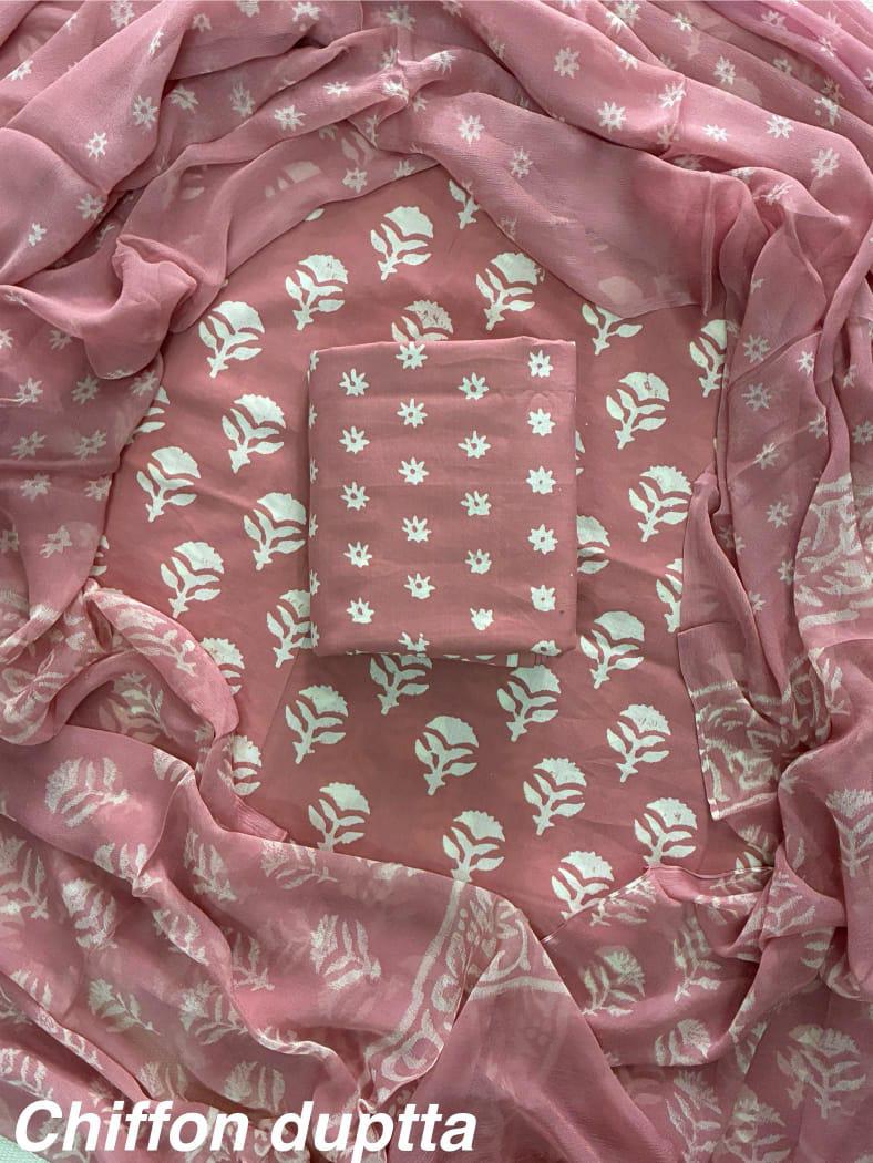 New Premium Hand Block Print Cotton Suit Set with Chiffon Dupatta(WACFCOTMU57)