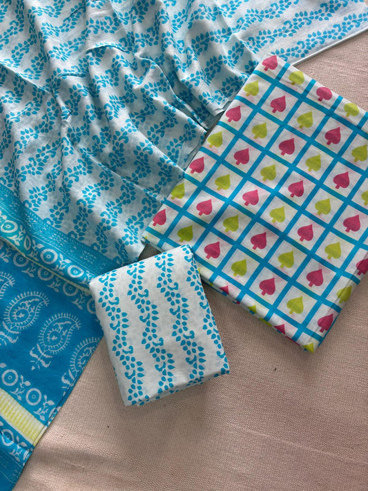 ELEGANT HAND BLOCK PRINT COTTON SUIT SET WITH MULMUL DUPATTA(WACOTMU79)