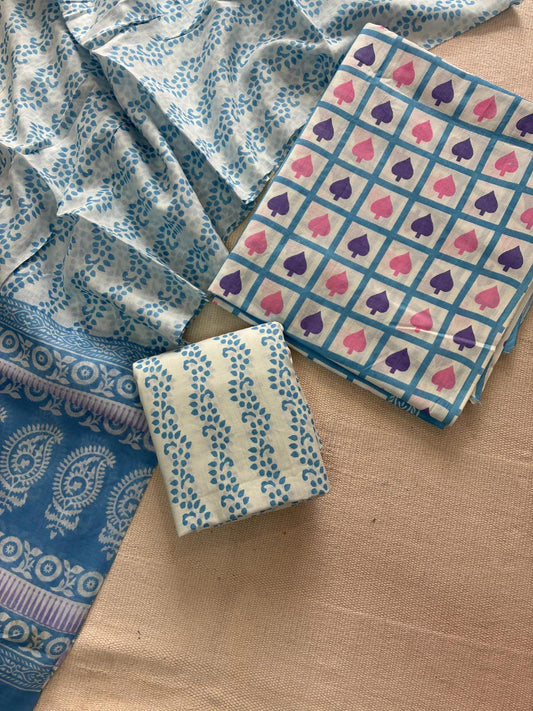 ELEGANT HAND BLOCK PRINT COTTON SUIT SET WITH MULMUL DUPATTA(WACOTMU82)