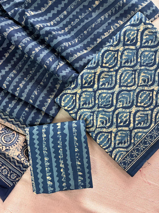 Designer Hand Block Print Cotton Suit Set with Mulmul Dupatta(WACOTMU109)