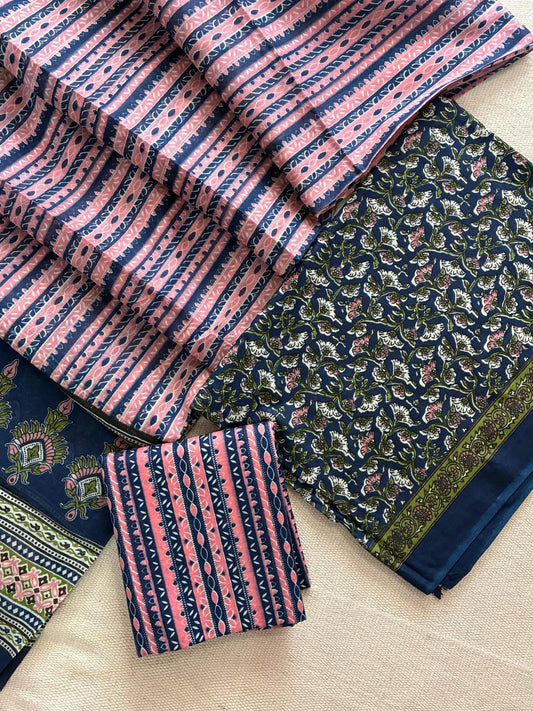 Designer Hand Block Print Cotton Suit Set with Mulmul Dupatta(WACOTMU110)