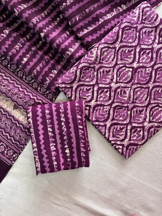 Designer Hand Block Print Cotton Suit Set with Mulmul Dupatta(WACOTMU115)