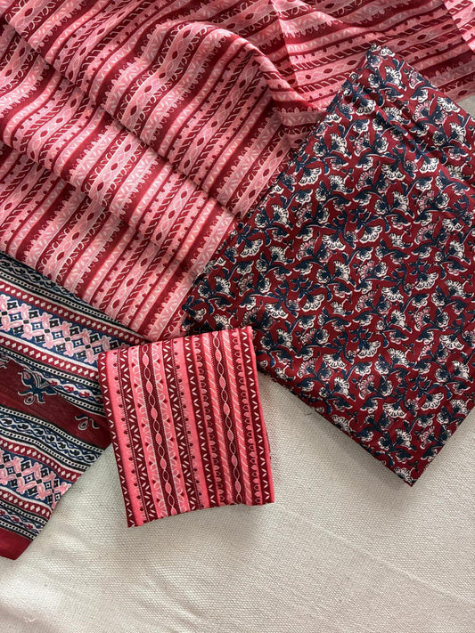 Designer Hand Block Print Cotton Suit Set with Mulmul Dupatta(WACOTMU117)