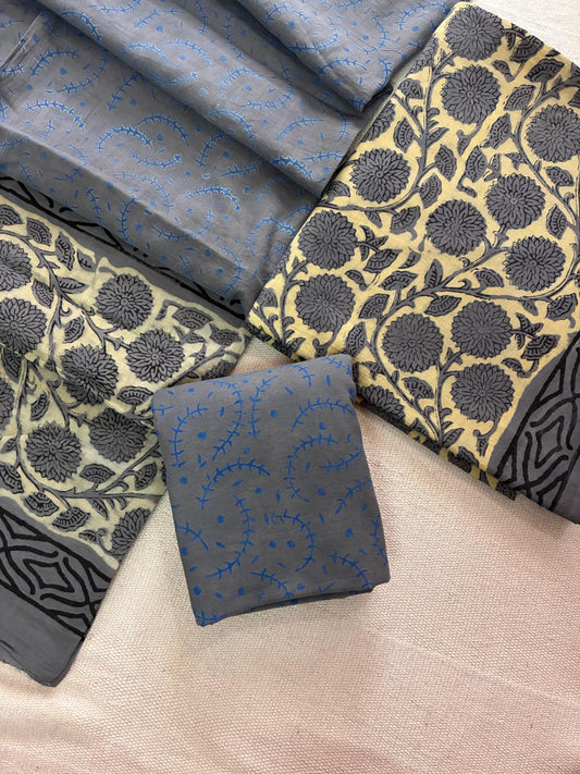 Designer Hand Block Print Cotton Suit Set with Mulmul Dupatta(WACOTMU119)