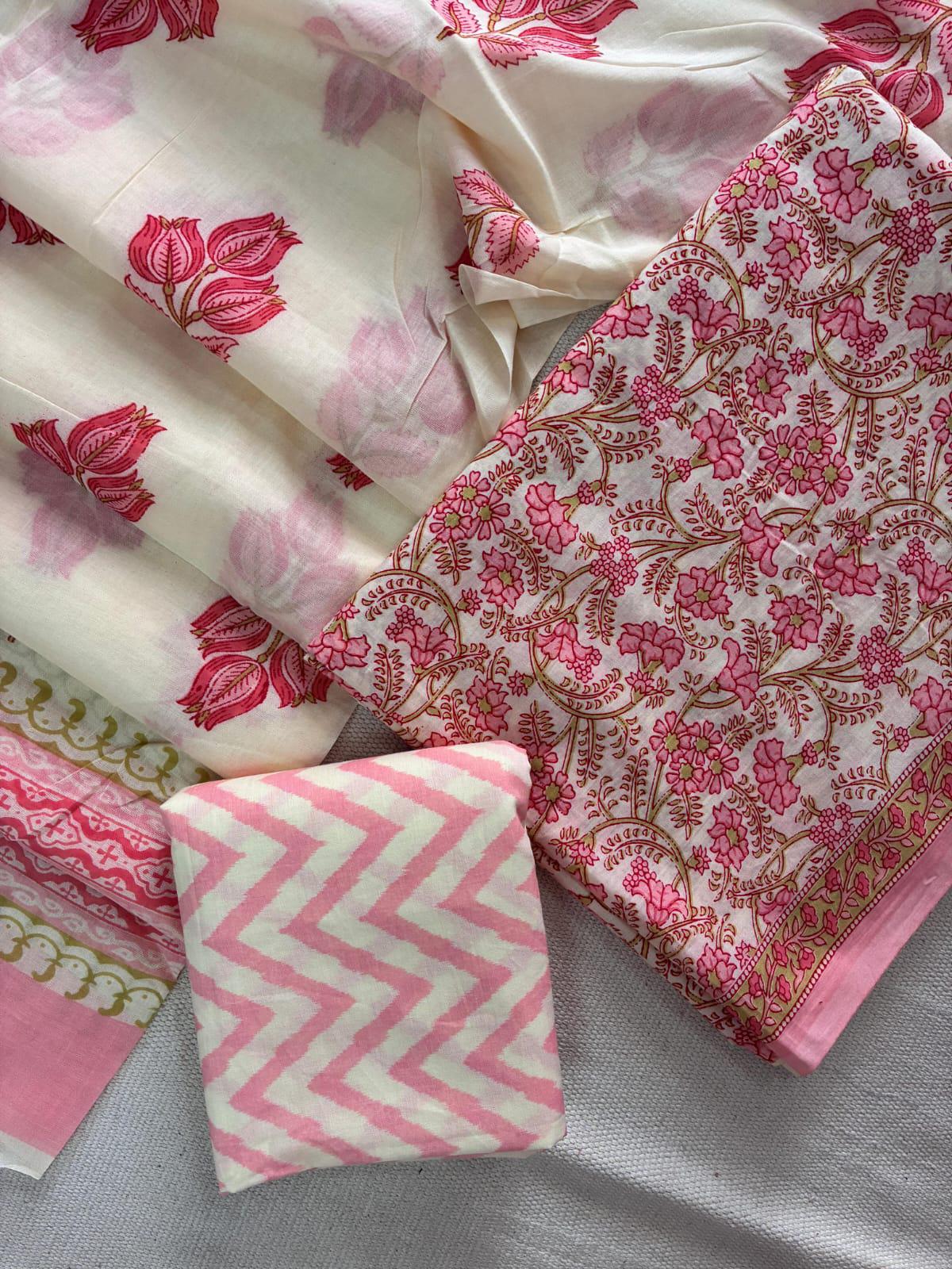 Designer Hand Block Print Cotton Suit Set with Mulmul Dupatta(WACOTMU120)