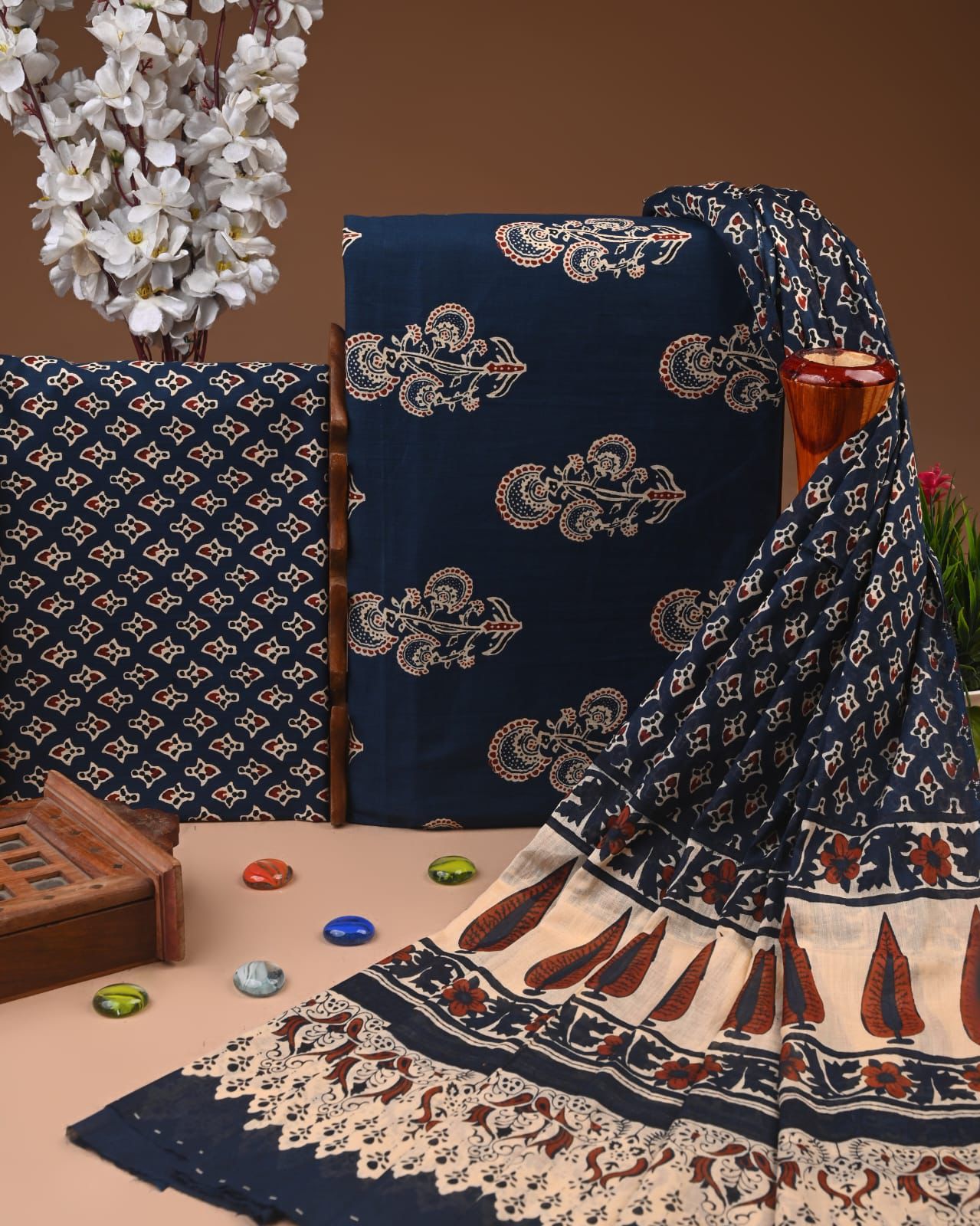 Designer Hand Block Print Cotton Suit Set with Mulmul Dupatta(WACOTMU121)