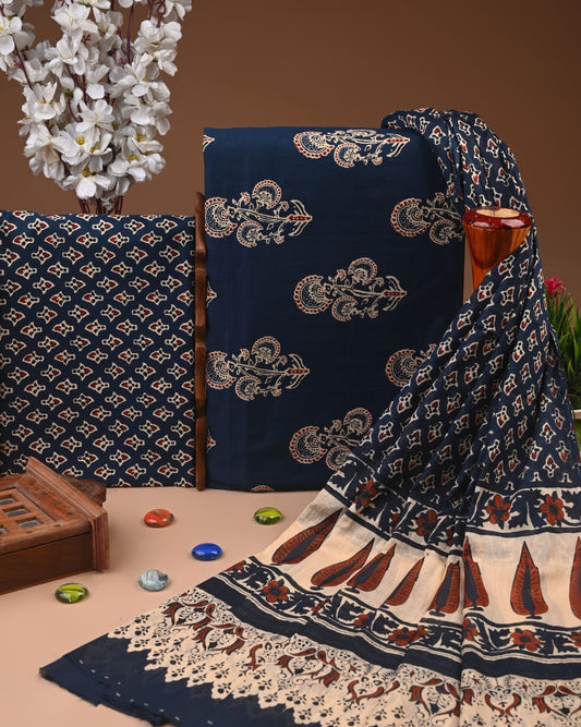 Designer Hand Block Print Cotton Suit Set with Mulmul Dupatta(WACOTMU121)