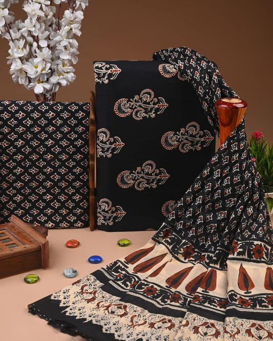 Designer Hand Block Print Cotton Suit Set with Mulmul Dupatta(WACOTMU123)