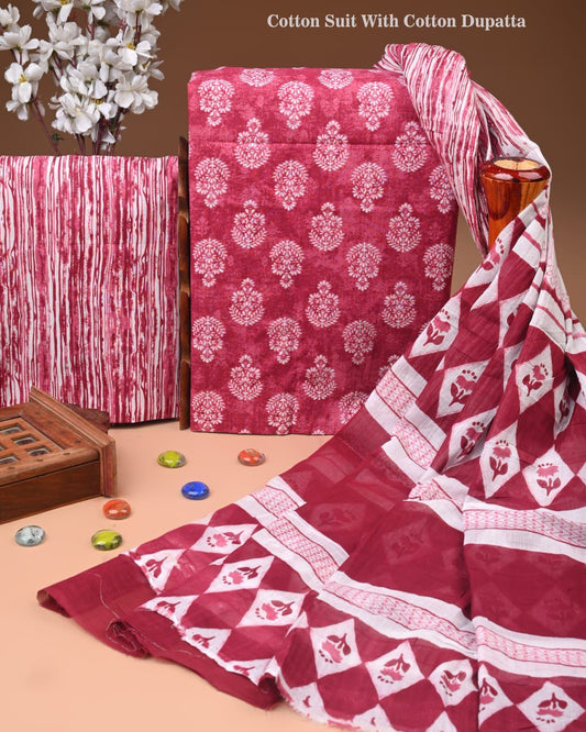 Designer Hand Block Print Cotton Suit Set with Mulmul Dupatta(WACOTMU124)