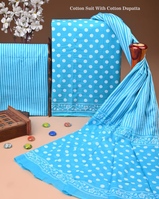 Designer Hand Block Print Cotton Suit Set with Mulmul Dupatta(WACOTMU125)