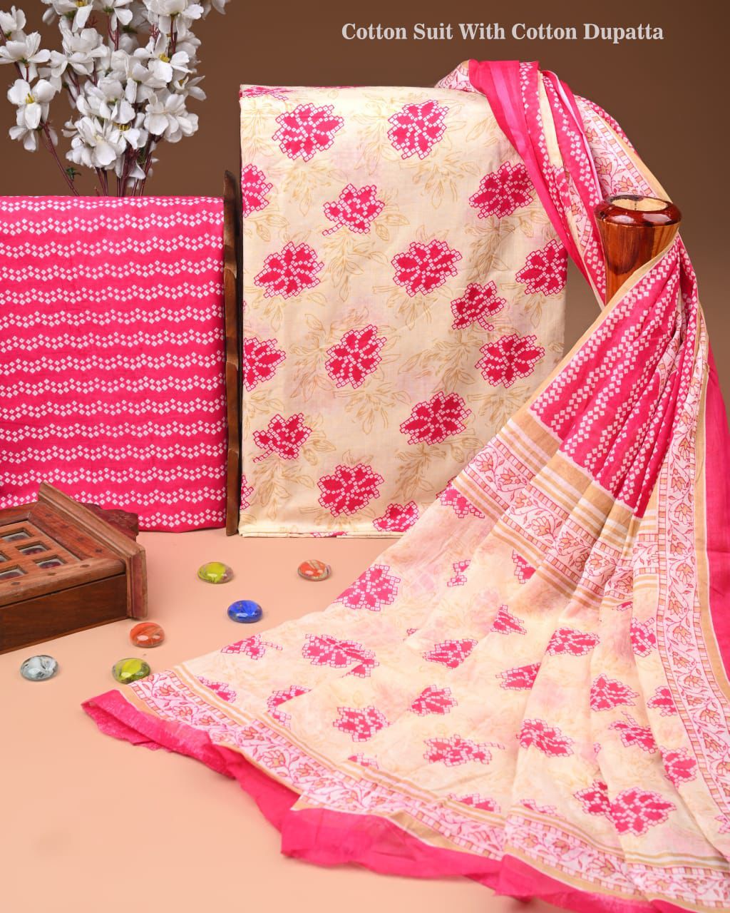 Designer Hand Block Print Cotton Suit Set with Mulmul Dupatta(WACOTMU126)
