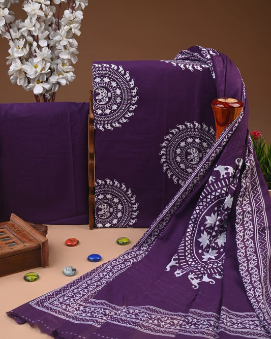 Designer Hand Block Print Cotton Suit Set with Mulmul Dupatta(WACOTMU127)