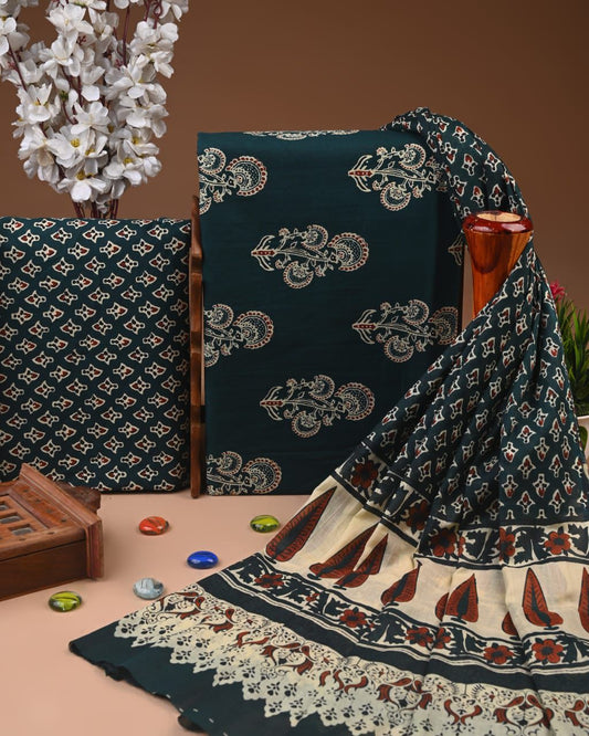 Designer Hand Block Print Cotton Suit Set with Mulmul Dupatta(WACOTMU128)