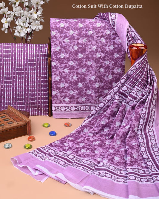 Designer Hand Block Print Cotton Suit Set with Mulmul Dupatta(WACOTMU129)