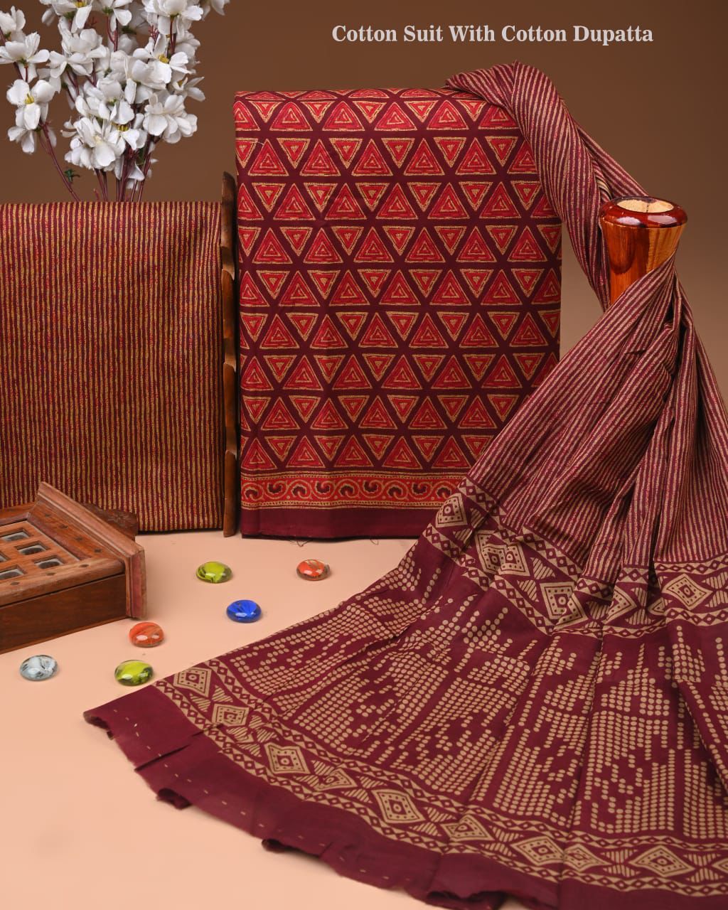 Designer Hand Block Print Cotton Suit Set with Mulmul Dupatta(WACOTMU130)