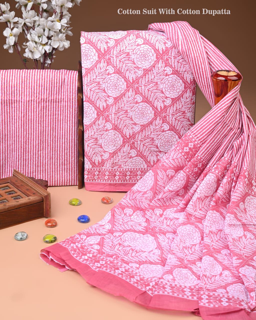 Designer Hand Block Print Cotton Suit Set with Mulmul Dupatta(WACOTMU131)