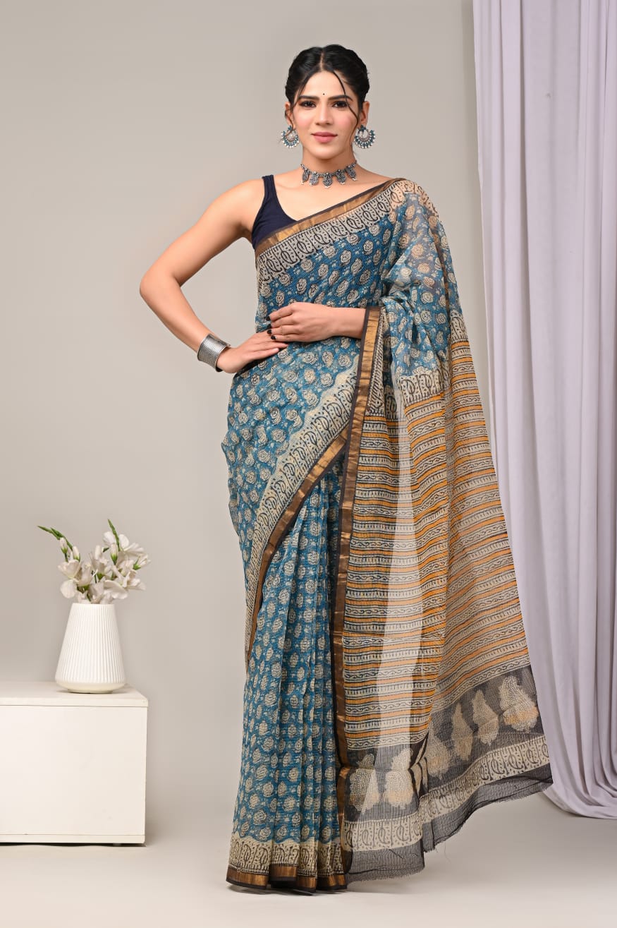 Exclusive hand Block Printed Kota Doria Saree (SWSRKO31)