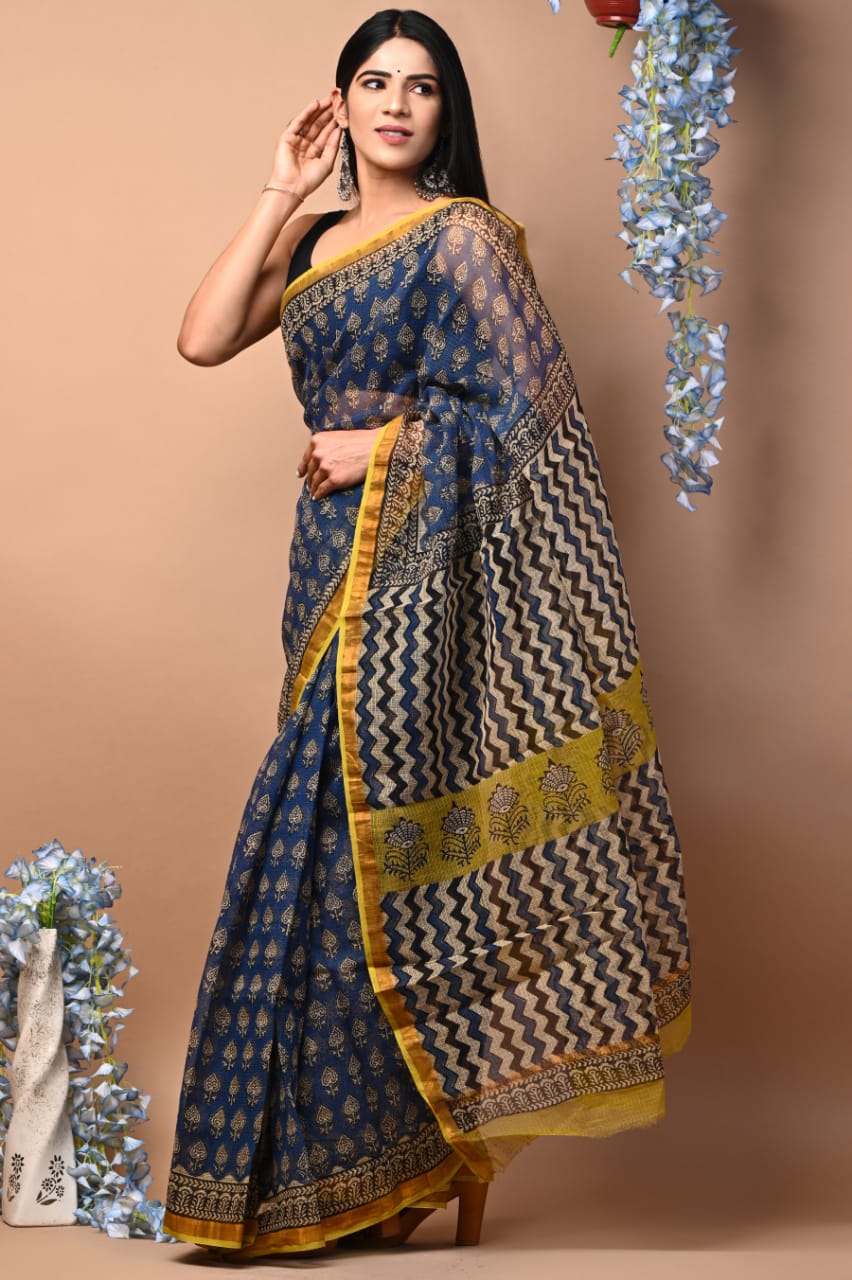 Exclusive hand Block Printed Kota Doria Saree (SWSRKO43)