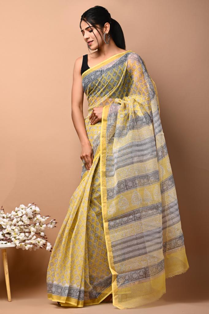 Exclusive hand Block Printed Kota Doria Saree (SWSRKO49)