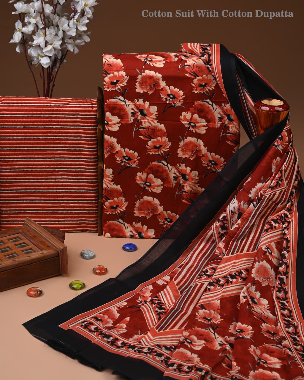 ELEGANT HAND BLOCK PRINT COTTON SUIT SET WITH MULMUL DUPATTA(WACOTMU26)