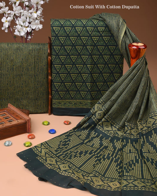 ELEGANT HAND BLOCK PRINT COTTON SUIT SET WITH MULMUL DUPATTA(WACOTMU49)