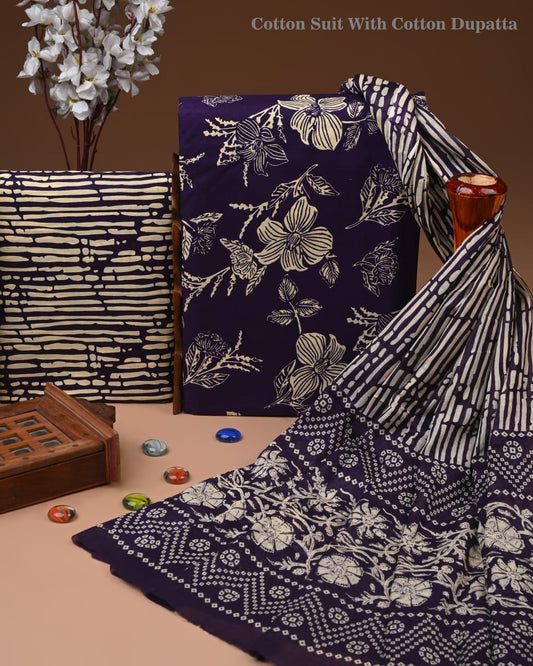 ELEGANT HAND BLOCK PRINT COTTON SUIT SET WITH MULMUL DUPATTA(WACOTMU53)