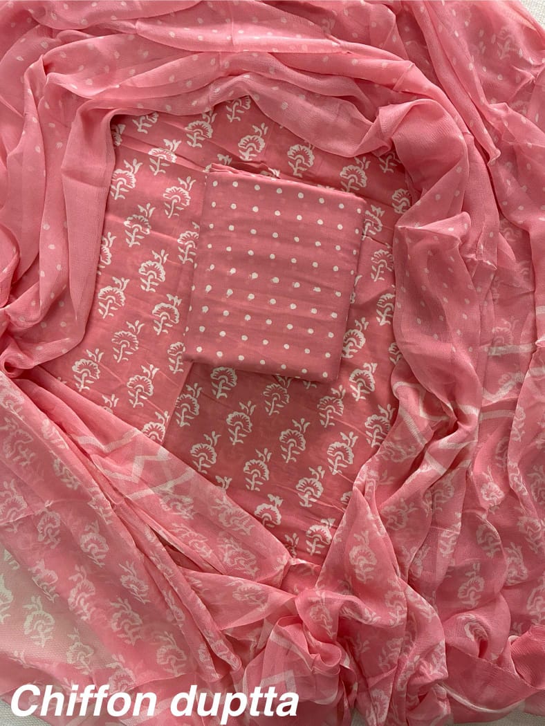 New Premium Hand Block Print Cotton Suit Set with Chiffon Dupatta(WACFCOTMU57)