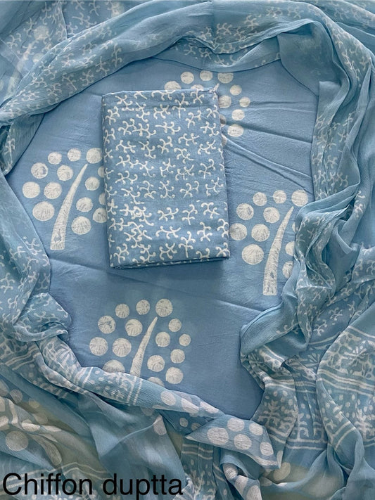 New Premium Hand Block Print Cotton Suit Set with Chiffon Dupatta(WACFCOTMU54)