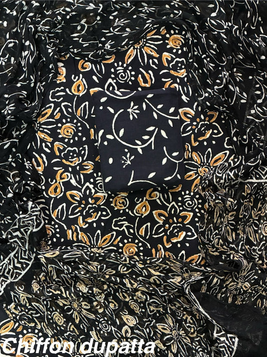 New Premium Hand Block Print Cotton Suit Set with Chiffon Dupatta(WACFCOTMU52)