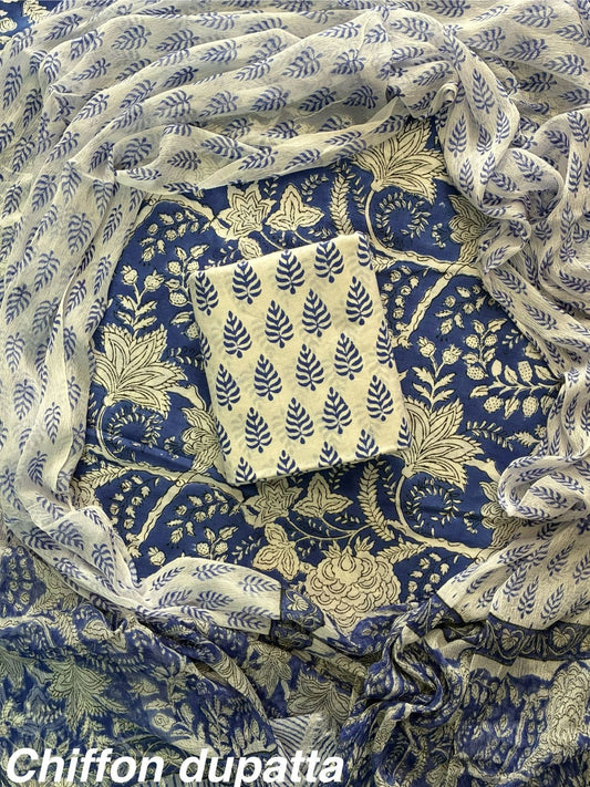 JAAL HAND BLOCK PRINT COTTON SUIT SET WITH CHIFFON DUPATTA(WACFCOTMU46)
