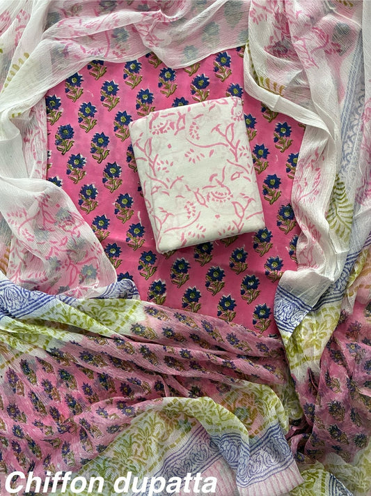 JAAL HAND BLOCK PRINT COTTON SUIT SET WITH CHIFFON DUPATTA(WACFCOTMU44)