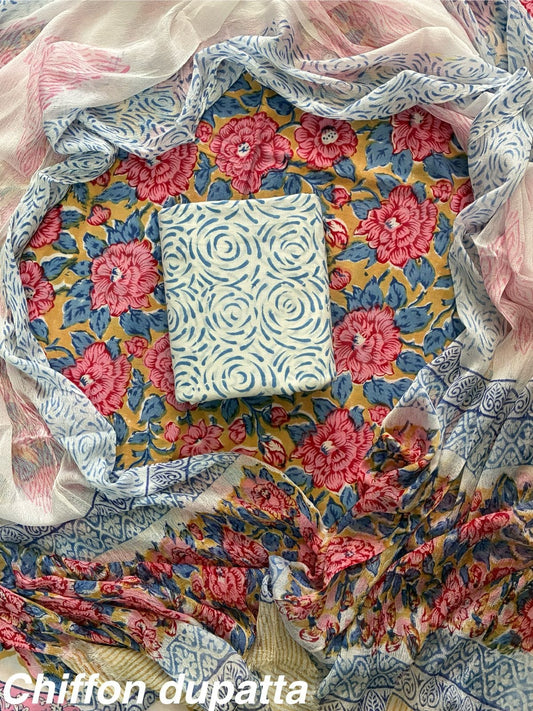 JAAL HAND BLOCK PRINT COTTON SUIT SET WITH CHIFFON DUPATTA(WACFCOTMU43)