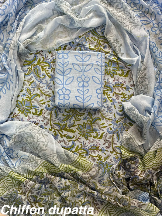JAAL HAND BLOCK PRINT COTTON SUIT SET WITH CHIFFON DUPATTA(WACFCOTMU38)