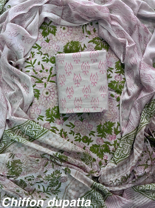JAAL HAND BLOCK PRINT COTTON SUIT SET WITH CHIFFON DUPATTA(WACFCOTMU37)