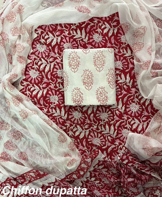 JAAL HAND BLOCK PRINT COTTON SUIT SET WITH CHIFFON DUPATTA(WACFCOTMU36)