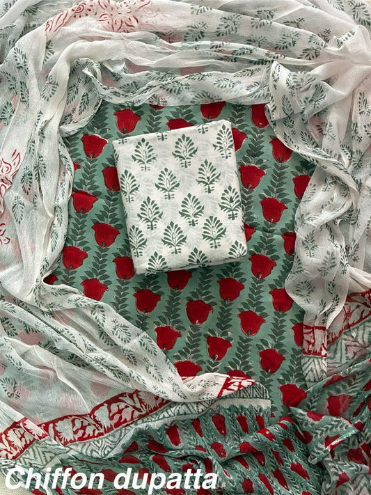 JAAL HAND BLOCK PRINT COTTON SUIT SET WITH CHIFFON DUPATTA(WACFCOTMU31)