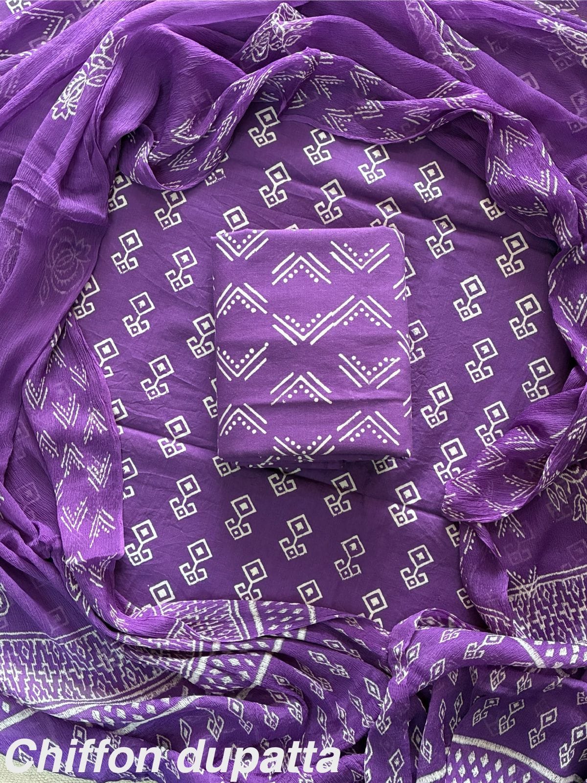 Exclusive Hand Block Print Cotton Suit Set with Chiffon Dupatta(WACFCOTMU29)