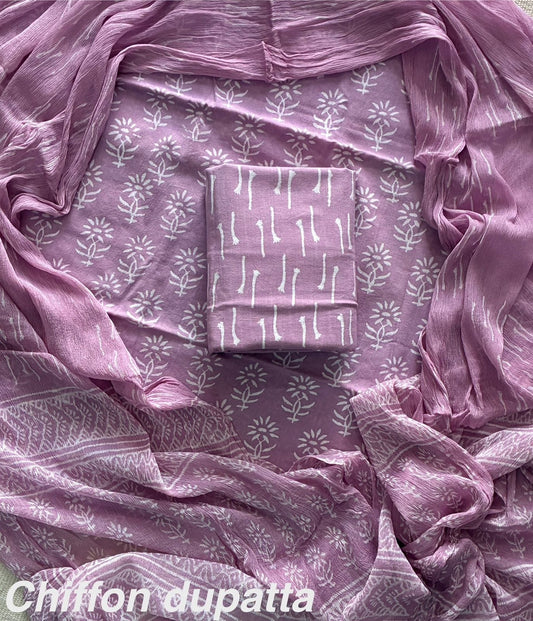 Exclusive Hand Block Print Cotton Suit Set with Chiffon Dupatta(WACFCOTMU27)