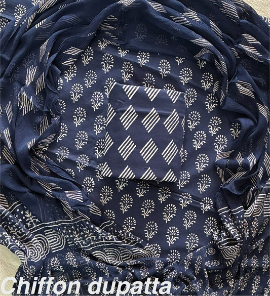 New Premium Hand Block Print Cotton Suit Set with Chiffon Dupatta(WACFCOTMU25)