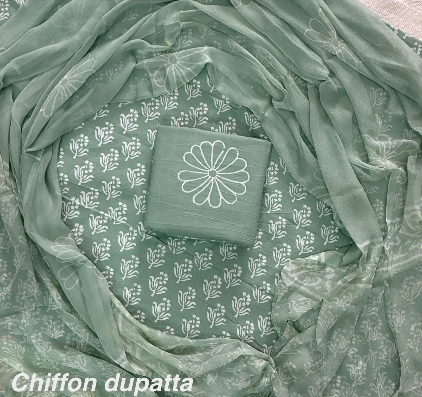 DESIGNER HAND BLOCK PRINT COTTON SUITSET WITH CHIFFON DUPATTA(WACFCOTMU24)