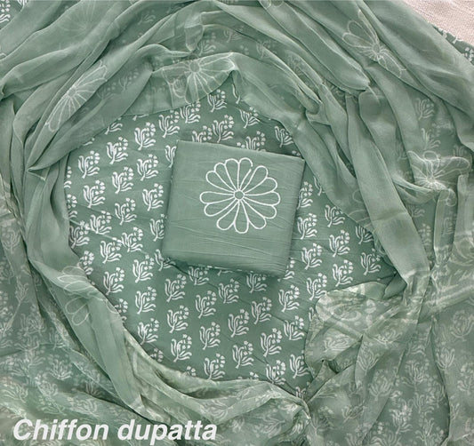 DESIGNER HAND BLOCK PRINT COTTON SUITSET WITH CHIFFON DUPATTA(WACFCOTMU24)