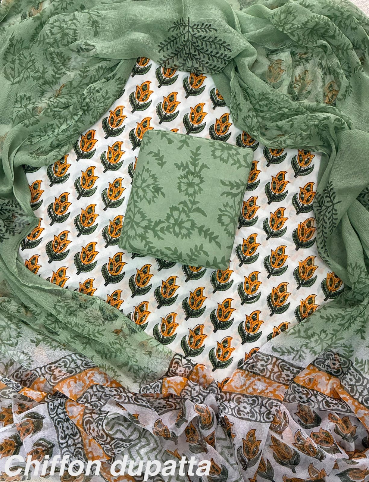 New Premium Hand Block Print Cotton Suit Set with Chiffon Dupatta(WACFCOTMU23)