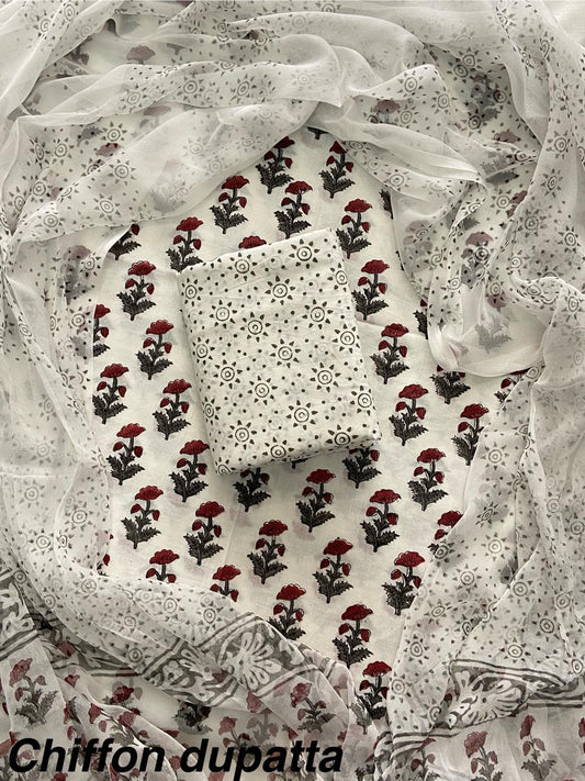 New Premium Hand Block Print Cotton Suit Set with Chiffon Dupatta(WACFCOTMU20)