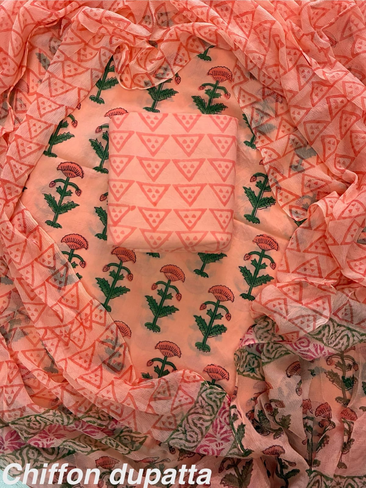 ELEGANT HAND BLOCK PRINT COTTON SUIT SET WITH CHIFFON DUPATTA(WACFCOTMU16)