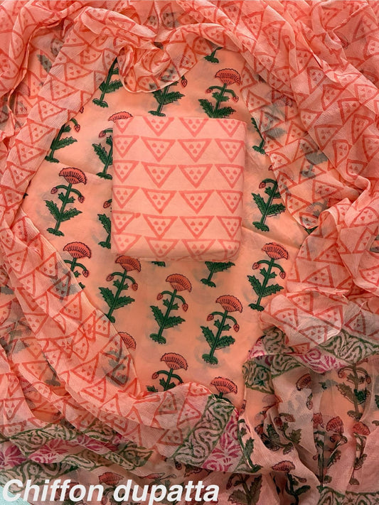 ELEGANT HAND BLOCK PRINT COTTON SUIT SET WITH CHIFFON DUPATTA(WACFCOTMU16)