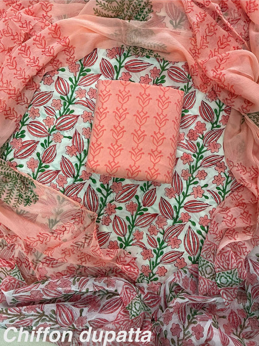 New Premium Hand Block Print Cotton Suit Set with Chiffon Dupatta(WACFCOTMU14)