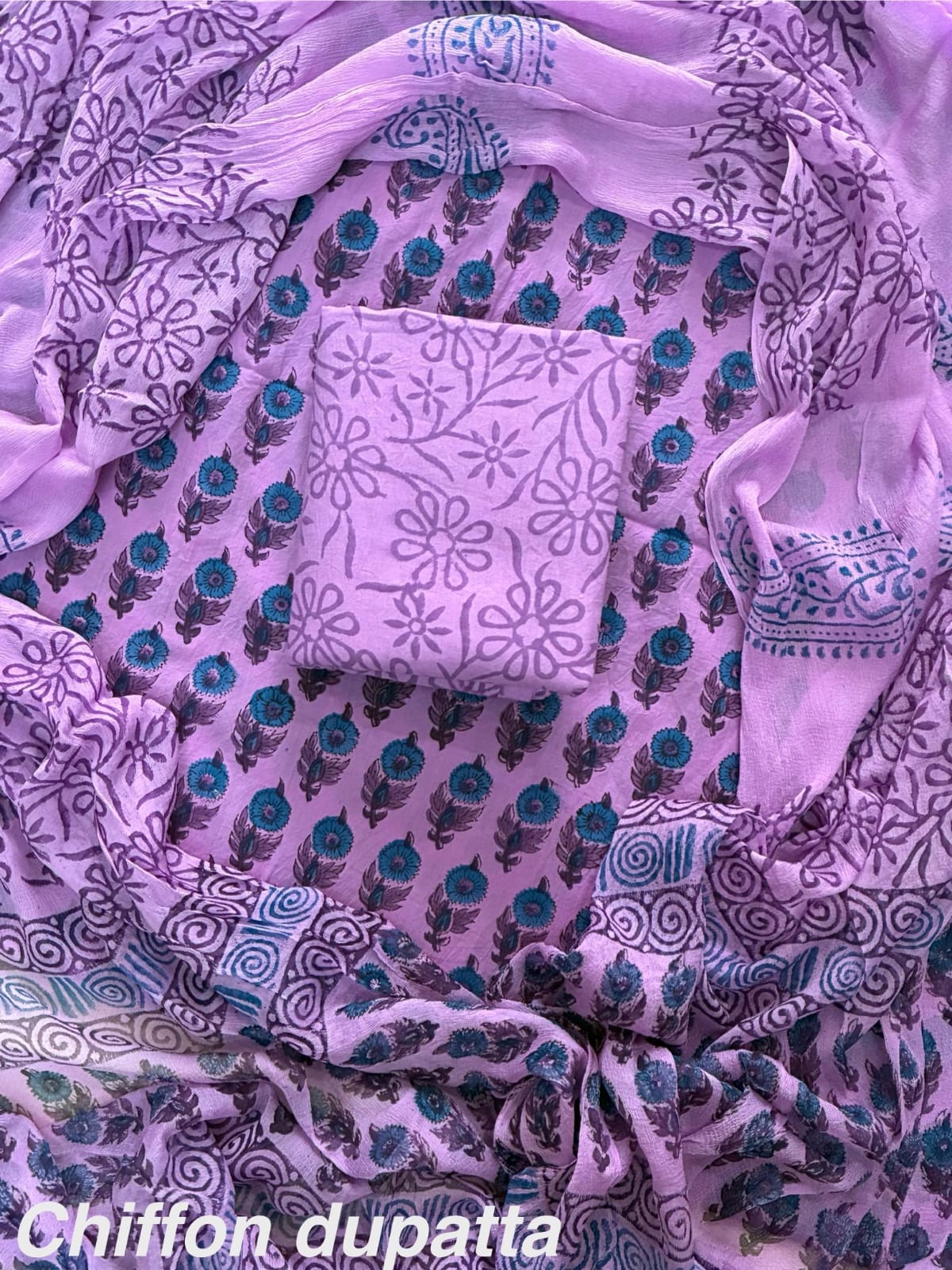 New Premium Hand Block Print Cotton Suit Set with Chiffon Dupatta(WACFCOTMU13)