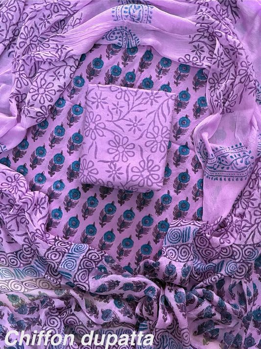 New Premium Hand Block Print Cotton Suit Set with Chiffon Dupatta(WACFCOTMU13)